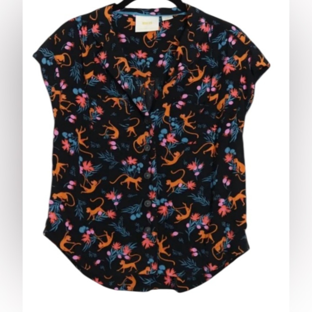 Maeve by Anthropology ladies Small short sleeve button up black jungle print top